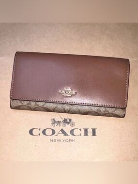 COACH Slim Trifold Wallet Brown Credit Card Holder AUTHENTIC